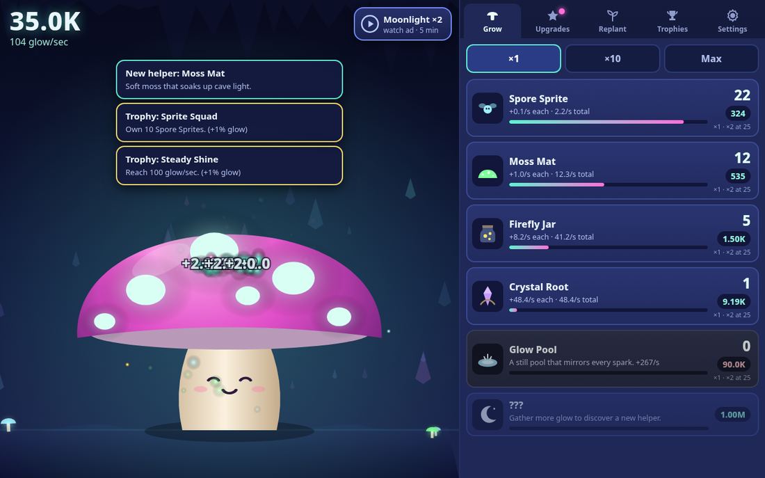 Glowshroom Grotto idle game on desktop